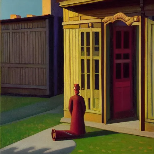 Image similar to fantastical old half - timber courtyard, grant wood, pj crook, edward hopper, oil on canvas