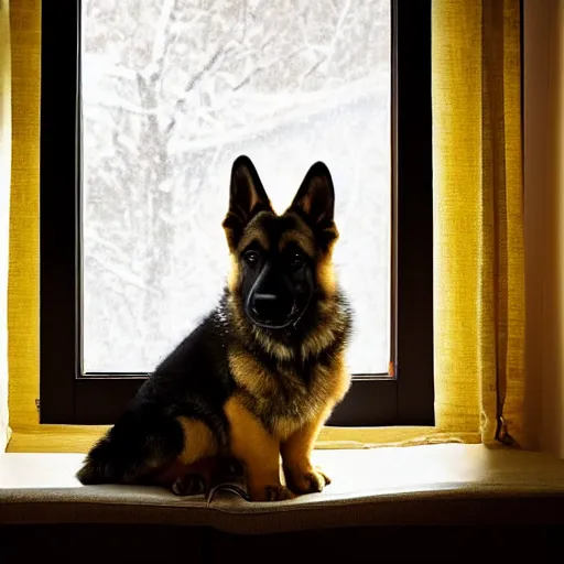 Prompt: a german shepherd puppy sits on the sofa near a bay window in a small cozy kitchen. in front of the sofa is a kitchen table made out of wood. lots of art hang on the kitchen walls. the puppy waits patiently and is looking out the window. outside it's warm and sunny. muted colors, in the style of bill watterson.