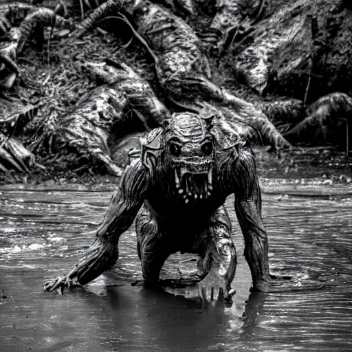 Prompt: human crocodile werecreature, photograph captured at woodland creek