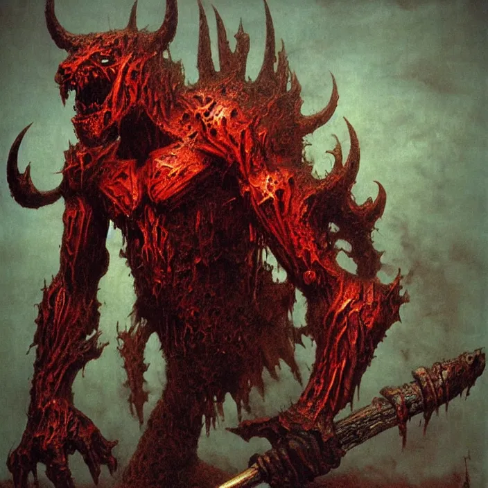 Image similar to demonic berserker in hellish armor, muscular body, demon, balrog, beksinski