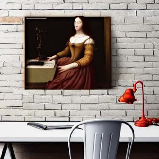 Prompt: Renaissance oil painting, creepy young lady, dark hair, typing computer keyboard staring at a giant computer screen on wall