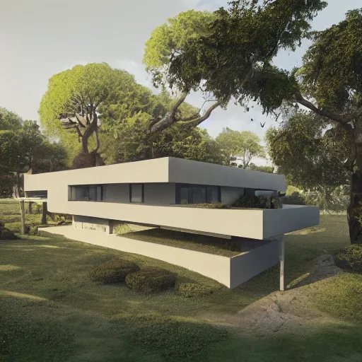 Image similar to futuristic rectangular beige house with big courtyard, roman villa, on a hill surrounded by big trees, dramatic lighting, artstation, matte painting, raphael lacoste, simon stalenhag, frank lloyd wright, zaha hadid, drone view