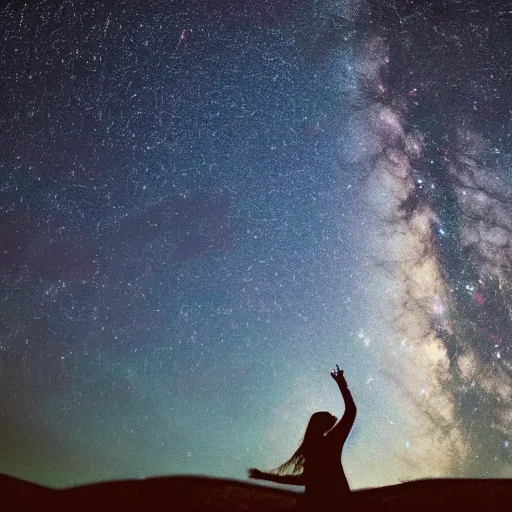 Image similar to photograph of a girl standing on top of a hill against a starry sky