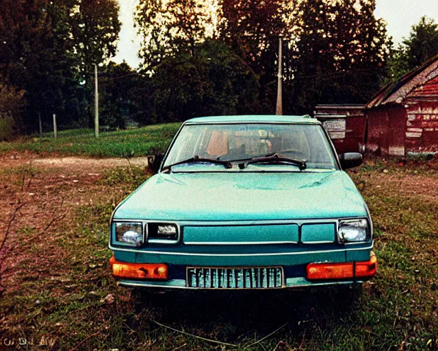 Image similar to a lomographic photo of old lada 2 1 0 7 standing in typical soviet yard in small town, hrushevka on background, cinestill, bokeh