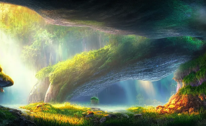 Image similar to a beautiful and stunning professional digital artwork of a humongous mushroom cave, haze, waterfall, lake, spores in the air, volumetric lighting, hyperrealistic, sunset, rtx on, ultra detail