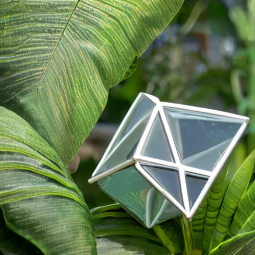 Image similar to high quality dslr photograph of a highly reflective chrome octahedron in a tropical greenhouse. super resolution. Extremely detailed