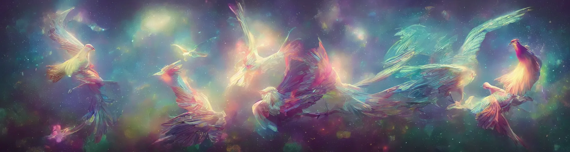 Prompt: a crystal bird bird, psychedelic, 4k, underneath the stars, rainbow fireflies, trending on patreon, deviantart, twitter, artstation, volumetric lighting, heavy contrast, art style of Greg Rutkowski and Miho Hirano and Ross Tran