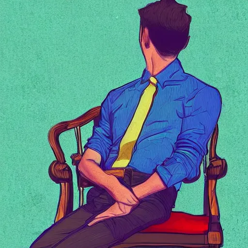 Prompt: john siting in a chair thinking about henry's proposal, digital art, colorful, vibrant, stunning, beautiful, award winning, pinterest, arstation, trending