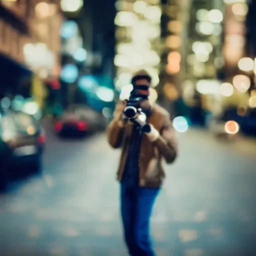 Image similar to An atmospheric close up photo of A man sticking a gun in the camera, bokeh, Polaroid, masterpiece