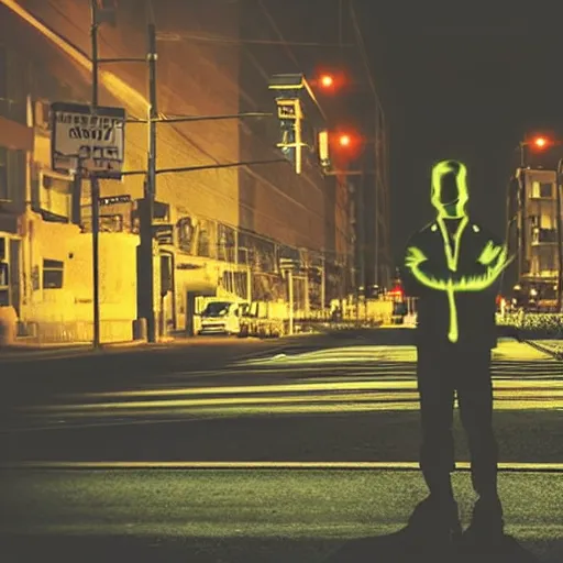 Image similar to biolumenescent, glowing, glow - in - the - dark fbi agent on road at night