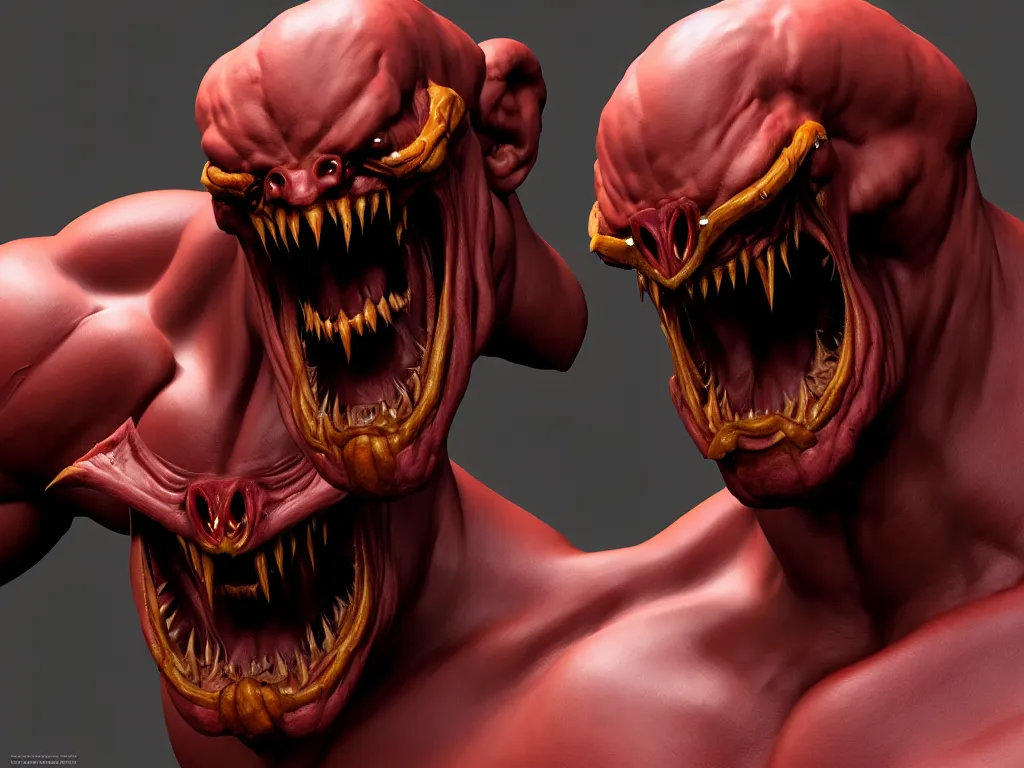 Image similar to doom, muscular body, chiroptera head, chiroptera ears, big sharp teeth, hyperrealism, artstation, cgsociety, zbrush, no background