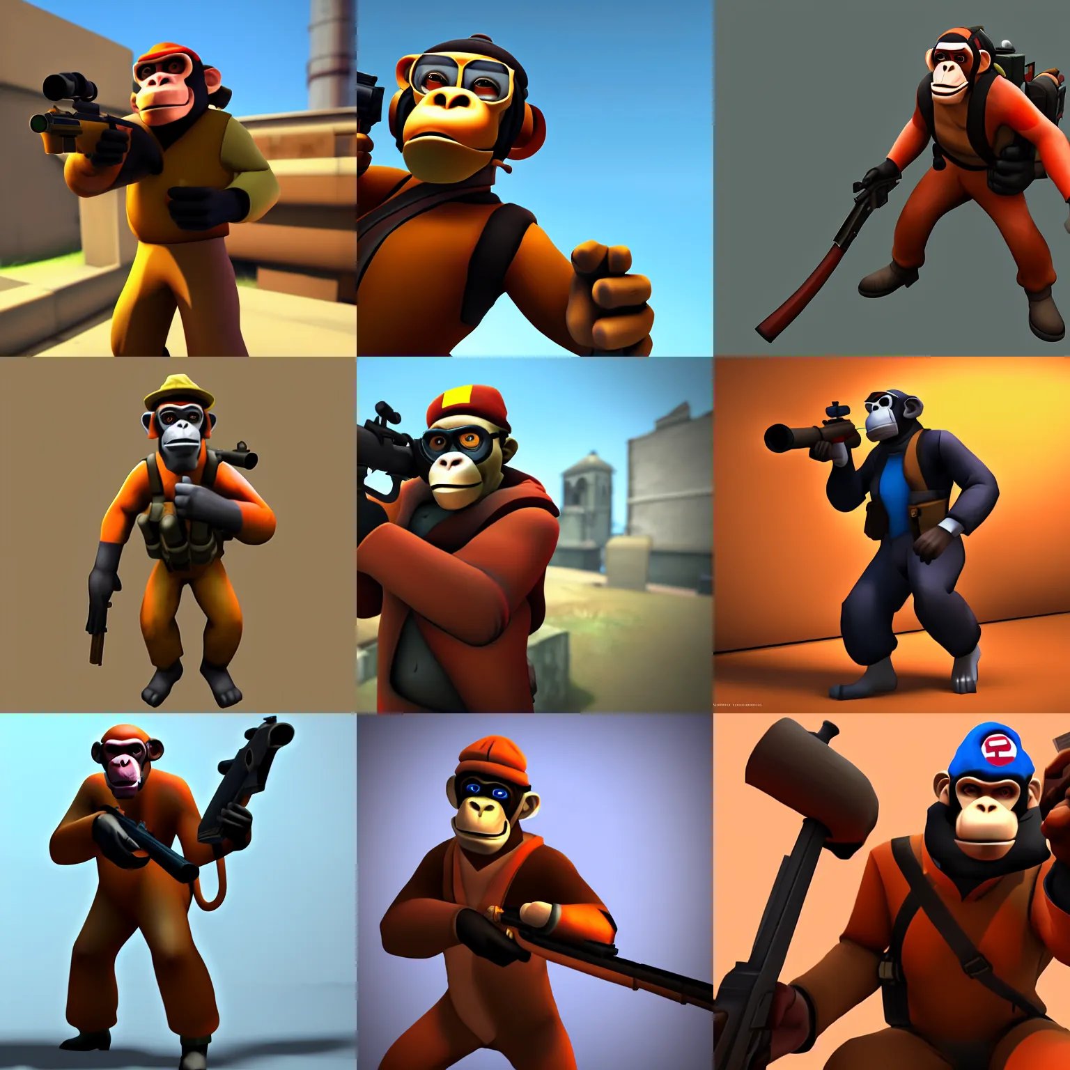 Prompt: a monkey as the team fortress 2 sniper, model, rendered in sfm