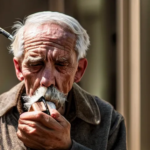 Image similar to close-up of a sad tired old man smoking a pipe, XF IQ4, 150MP, 50mm, f/1.4, ISO 200, 1/160s, natural light, Adobe Photoshop, Adobe Lightroom, DxO Photolab, Corel PaintShop Pro, rule of thirds, symmetrical balance, depth layering, polarizing filter, Sense of Depth, AI enhanced