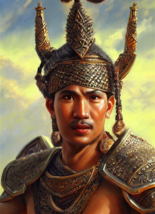 Prompt: smart tai warlord, closeup portrait, historical, ethnic group, sukhothai costume, bronze headset, fantasy, intricate, with leather armor cross onbare chest, elegant, loin cloth, highly detailed, oil painting, artstation, concept art, matte, sharp focus, illustration, hearthstone, art by earl norem