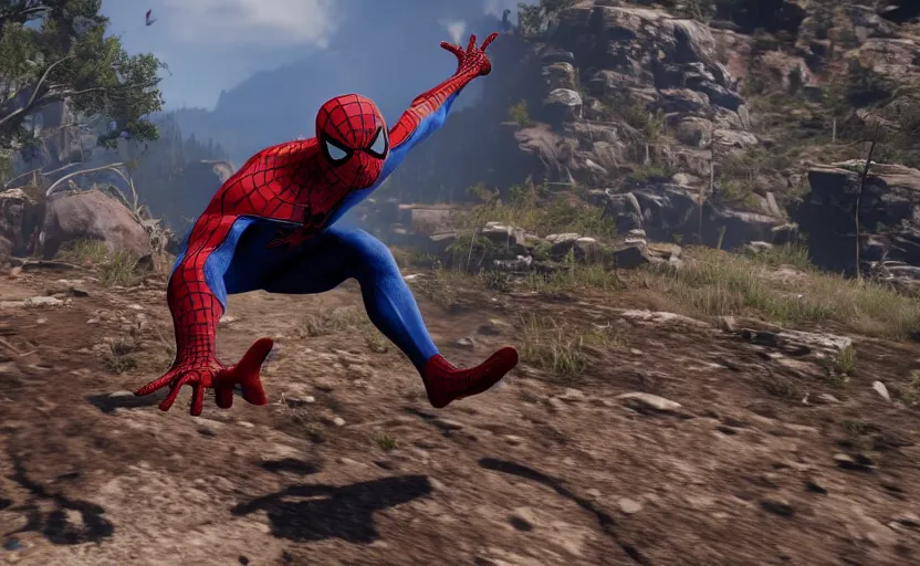 Prompt: Screenshot of Spiderman in Red Dead Redemption 2,