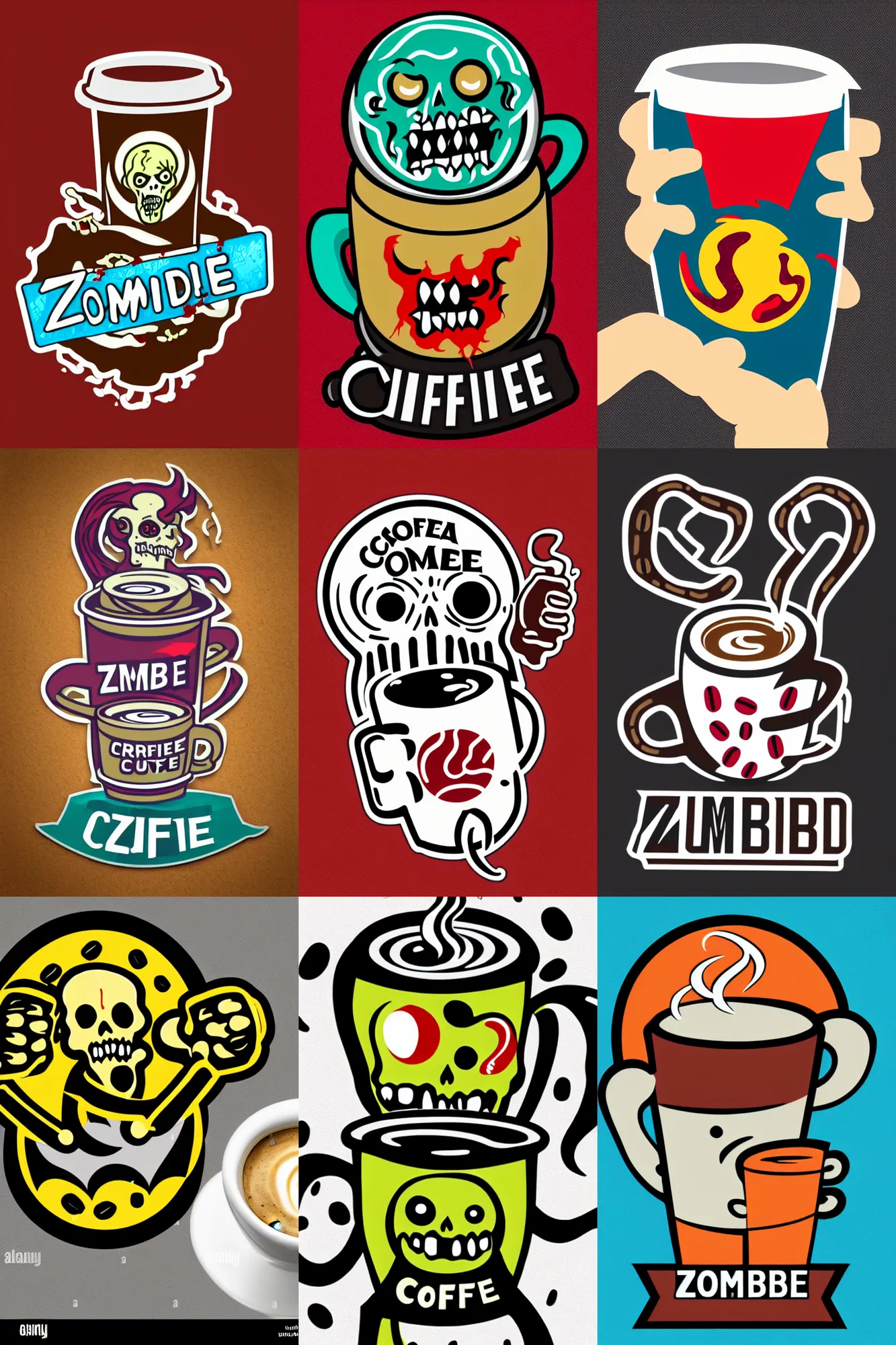 Prompt: logo design, zombie arms out in front holding coffee cup, patch logo, high detail spiral design, costa