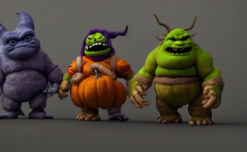 Image similar to pumpkin godzilla yoda donkey kong pikachu yeti shrek super robot homer groot waluigi darth vader mike wazowski, highly detailed, extremely high quality, hd, 4 k, 8 k, professional photographer, 4 0 mp, lifelike, top - rated, award winning, cinematic, realistic, detailed lighting, detailed shadows, sharp, no blur, edited, corrected, trending