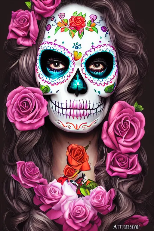 Prompt: illustration of a sugar skull day of the dead girl, art by Artgerm