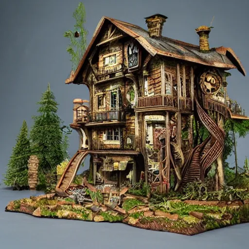 Prompt: A steampunk house in a forest by Margaret Brundage, detailed, 4k, intricate.