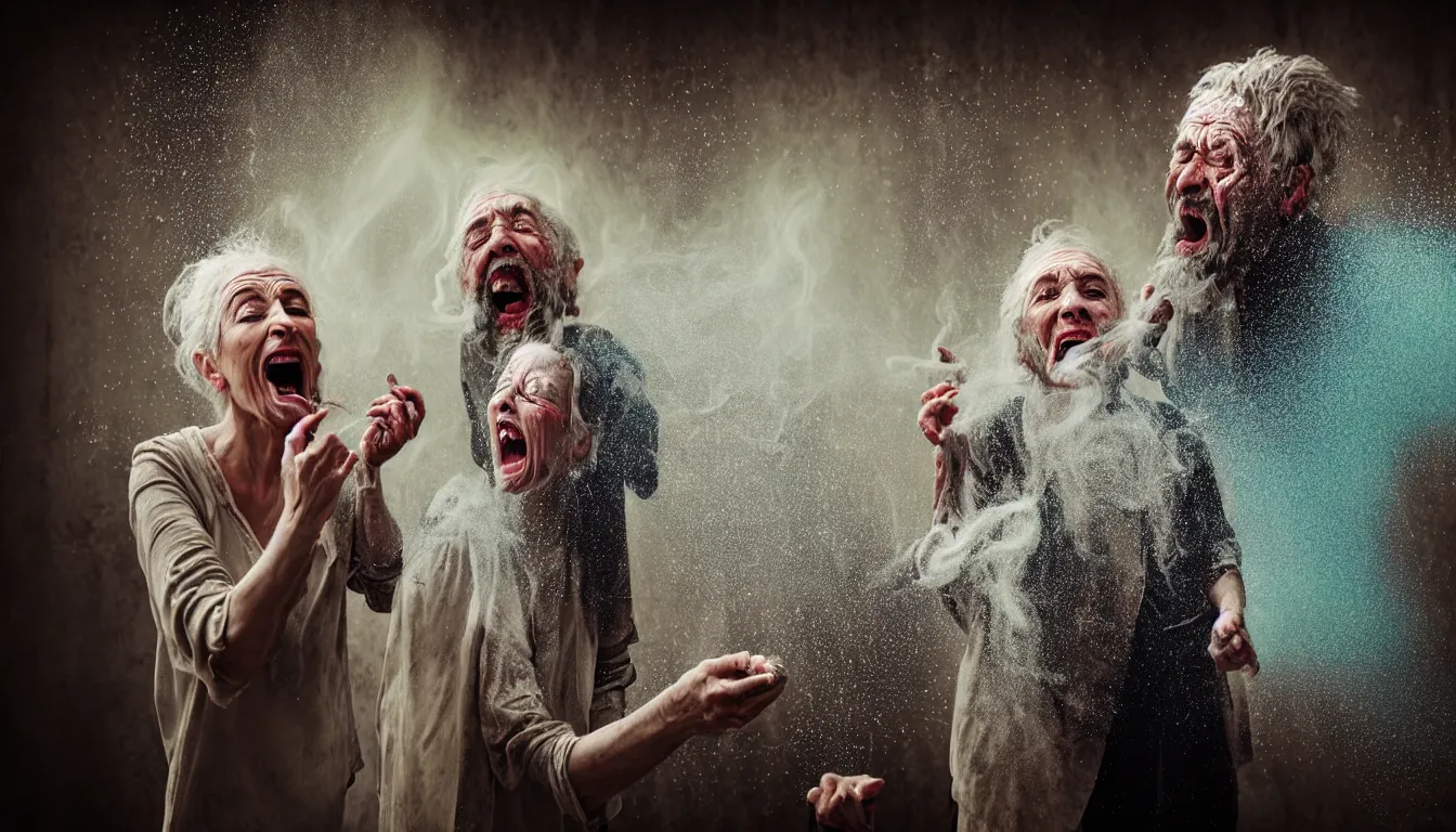 Image similar to hyper realistic photo in a baroque hall, a celtic weathered old man with a beautiful woman's screaming face, feedback loop, burst of powders, spraying liquid, volumetric lighting, twisting vapour, bellowing dust, emerging hands, full colour, upscale, 4 k