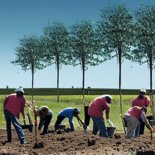 Image similar to a group of workers planting trees in a rural landscape with glowing clean white sci fi containment building in the distance