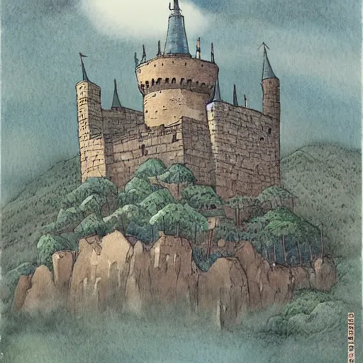 Image similar to laputa castle in the sky hayao miyazaki flying high in the sky, watercolor illustration for a book