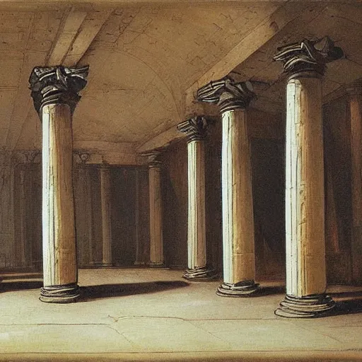 Image similar to painting of a scifi ancient civilzation victorian empty room with pillars, hubert robert