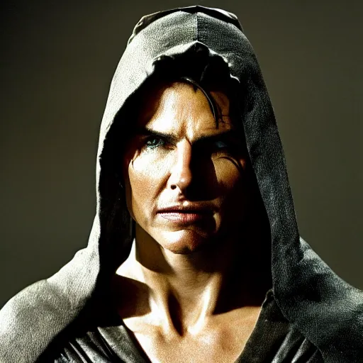 Prompt: medieval fantasy half length portrait photo of tom cruise as a d & d hooded rogue assassin, photo by philip - daniel ducasse and yasuhiro wakabayashi and jody rogac and roger deakins