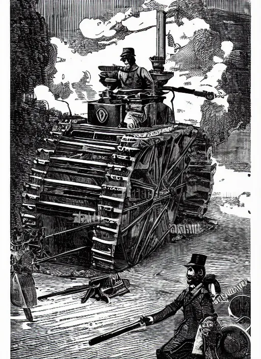 Prompt: 19th century wood-engraving of a steam powered Renault FT tank, whole page illustration from Jules Verne book, art by Édouard Riou Jules Férat and Henri de Montaut, frontal portrait, high quality, beautiful, highly detailed, removed watermarks