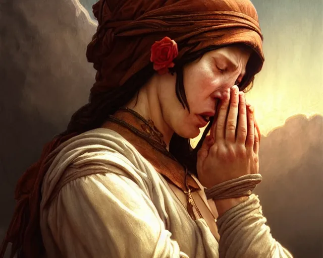 Image similar to poor hungry woman praying to a cross and crying, emotional sad painting, very poor, hungry, medieval peasants, fantasy, cruel, dramatic lighting, intricate, wild, highly detailed, digital painting, artstation, concept art, smooth, sharp focus, illustration, art by artgerm and greg rutkowski and alphonse mucha