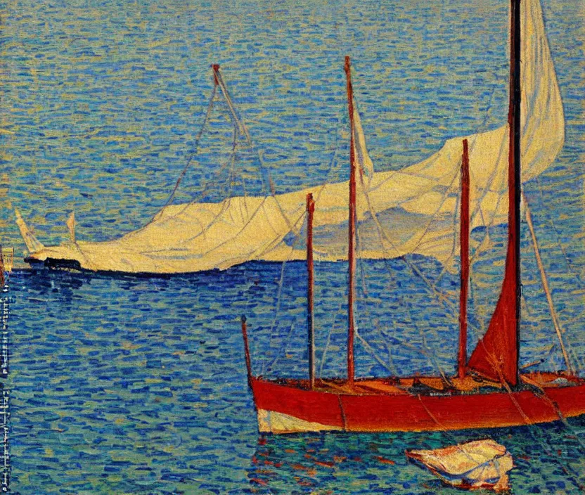 Image similar to van Rysselberghe painting of a single mast sailboat