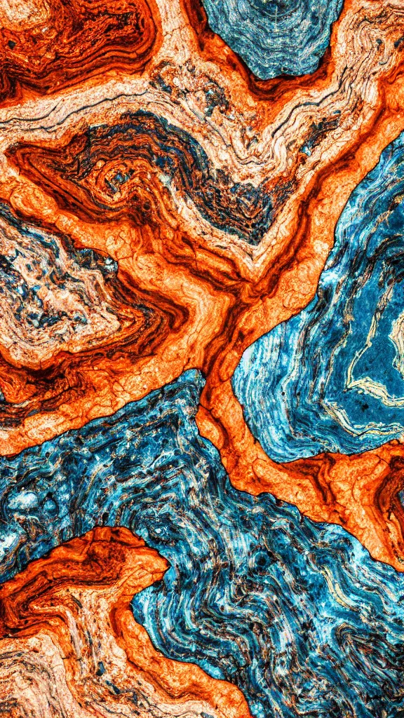 Image similar to vivid color, folded, tessellated planes of rock, alien sedimentary schematic, igneous rock, marbled veins, macro photography, 3D!!! diorama, depth of field with a patina of inlaid circuitry, layers of strata, mineral grains, dramatic lighting, rock texture, sand by James jean, geology, octane render in the style of Luis García Mozos