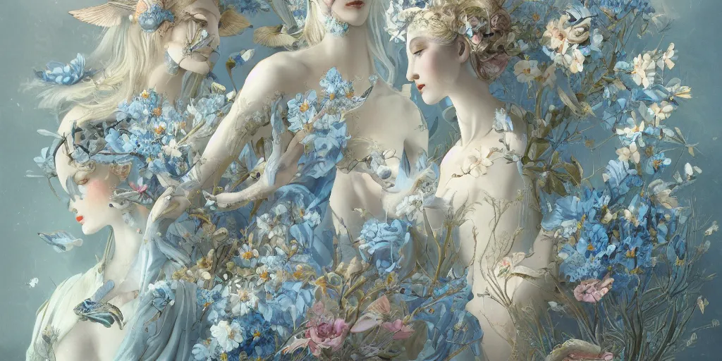 Image similar to breathtaking detailed concept art painting art deco pattern of blonde faces goddesses amalmation light - blue flowers with anxious piercing eyes and blend of flowers and birds, by hsiao - ron cheng and john james audubon, bizarre compositions, exquisite detail, extremely moody lighting, 8 k