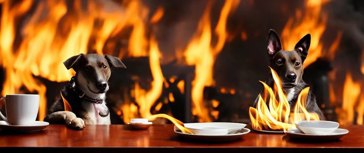 Image similar to a photograph (flash on) of a relaxed anthropomorphic dog sitting on a chair at a dinner table (no fire at all there), surrounded by flames, cup of coffee on the table, huge fire on this dining room in the background, a lot of flames behind the dog, black smoke instead of the ceiling, no watermark