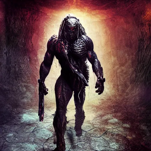 Image similar to predator from movie, full body picture, wide angle view, sci-fi, high definition details hyperrealistic, digital art, artstasion, deep depth of field