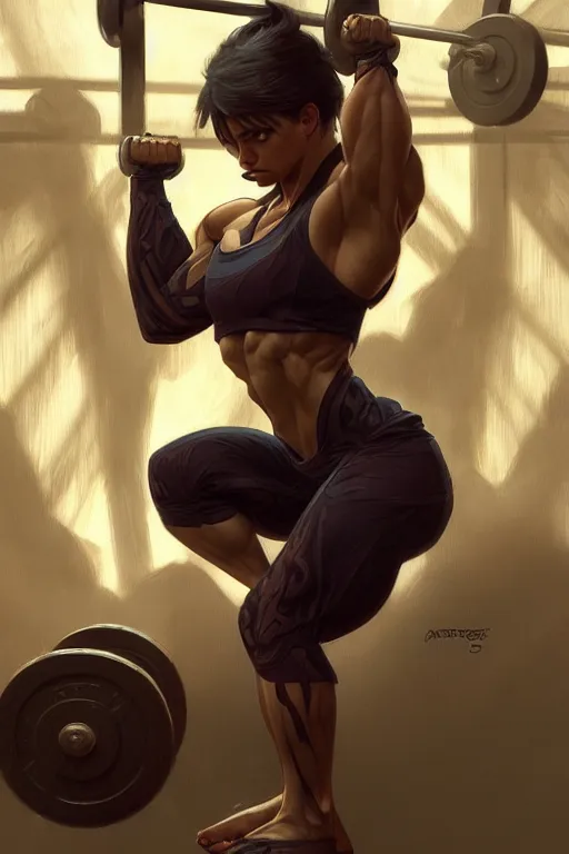 Image similar to anthro raccoon lifting weights, dim dingy gym, dynamic pose, fantasy, intricate, elegant, highly detailed, digital painting, artstation, concept art, matte, sharp focus, illustration, art by artgerm and greg rutkowski and alphonse mucha