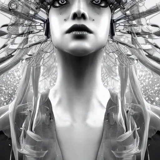 Image similar to closeup portrait of an absurdly beautiful, graceful, sophisticated, fashionable cyberpunk mechanoid gravure idol, an ultrafine hyperdetailed illustration by irakli nadar, matt wisniewski style, fashion photography, intricate linework, porcelain skin, jellyfish headdress, unreal engine 5 highly rendered, global illumination, radiant light, detailed and intricate environment