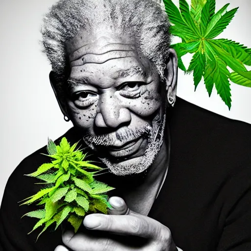 Image similar to Morgan freeman holding a giant marijuana plant, amazing digital art, highly detailed, trending on artstation