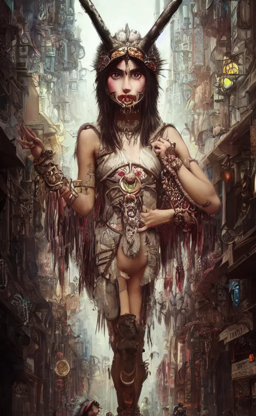 Image similar to hyper realistic Princess Mononoke, ornate mask magic, wet market street, cyberpunk metropolis, city landscape, jewels, full body pose, full moon, crowded streets, style of tom bagshaw, mucha, james gurney, norman rockwell, denoised, sharp