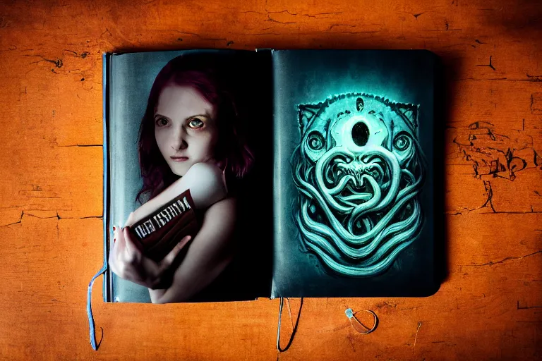 Image similar to romantic photo of bright girl, her cat and her book of necronomicon, symmetrical, cinematic, real dlsr photography, sharp focus, 4 k, ultra hd, sense of awe, sinister demonic atmosphere, dreadful, forbidden knowledge, old gods, cthulhu, yog - sothoth! yah, yah, yah! cultist journal cover