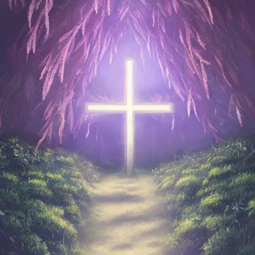 Image similar to a christian cross as the light is shining at the end of the tunnel, paradise outside of the tunnel, with pale purple and pale pink lighting, cute, aesthetic, anime, dark tunnel, with a few vines and overgrowth, studio ghibli, cinematic, painting, high definition, digital art, symmetrical, very detailed, extremely high detail, photo realistic, concept art, unreal engine 5,