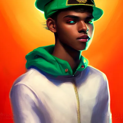 Prompt: colorful and Festive Captivating teenager boy with straight green hair, green eyes, dark skin tone, wearing a white captain hat and orange jacket. rich vivid colors, ambient lighting, dynamic lighting, 4k, atmospheric lighting, painted, intricate, highly detailed by Charlie Bowater