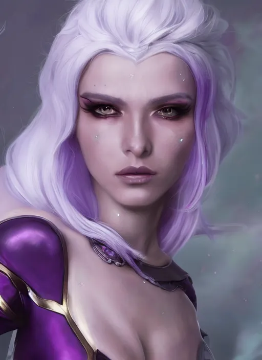 Image similar to syndra, from league of legends, white hair, purple magic, hyper detailed, digital art, trending in artstation, cinematic lighting, studio quality, smooth render, unreal engine 5 rendered, octane rendered, art style by klimt and nixeu and ian sprigger and wlop and krenz cushart