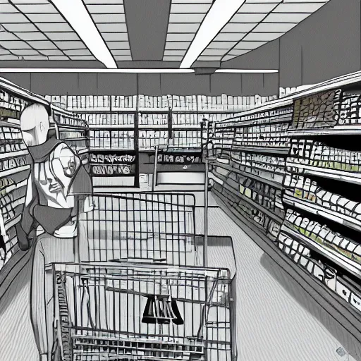 Image similar to Saitama in a supermarket, digital drawing