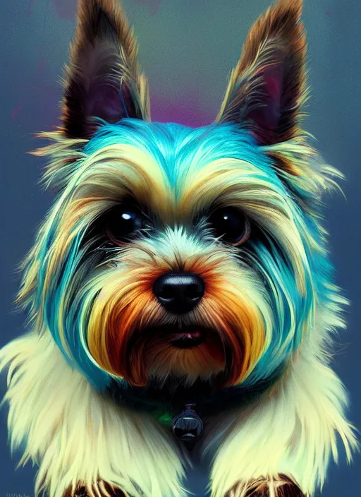 Prompt: A psychedelic portrait of my neighbor totoro style puppy yorkshire terrier, vibrant color scheme, highly detailed, in the style of romanticism, cinematic, artstation, Greg rutkowski