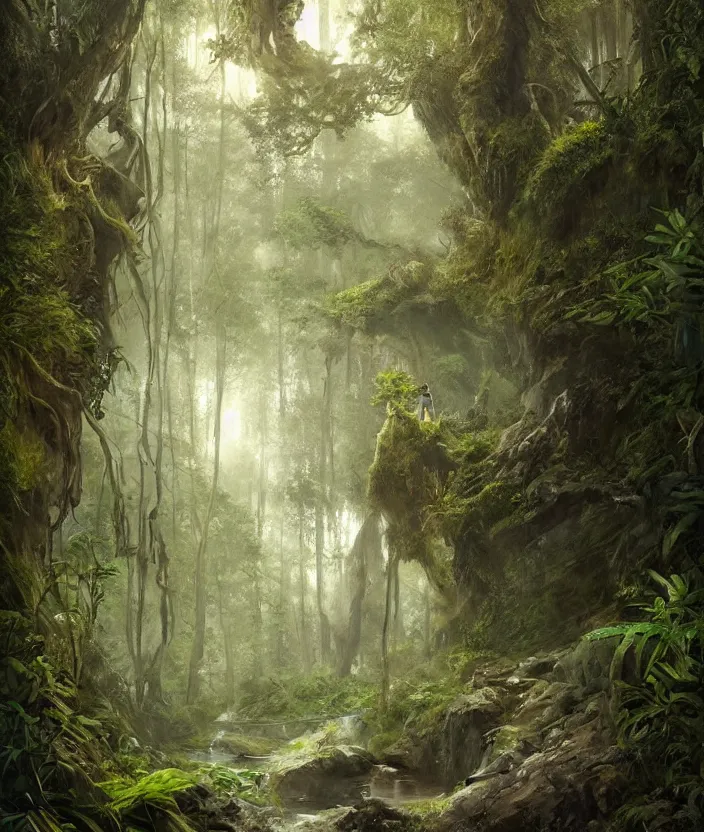 Prompt: most epic landscape, epic cinematic hyperrealism masterpiece. realistic poster with shaded lighting by craig mallismo, artgerm, jeremy lipkin and michael garmash, unreal engine, radiant light, detailed and complex environment, digital art, art station trends, environmental portrait, low angle, 3 5 mm, forest path, jungle, misty, moss, vines, fern