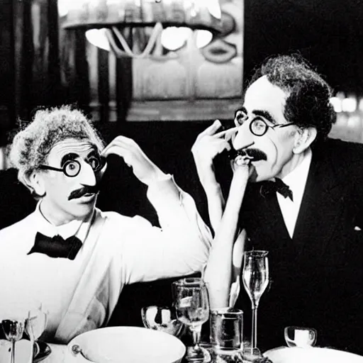 Image similar to harpo marx dines with groucho marx at a fancy restaurant