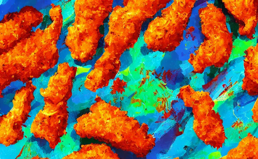 Prompt: chicken nugget, digital painting, expressionistic, intricate detail, meticulous brush strokes, genius composition, masterpiece, work of art, 4k wallpaper