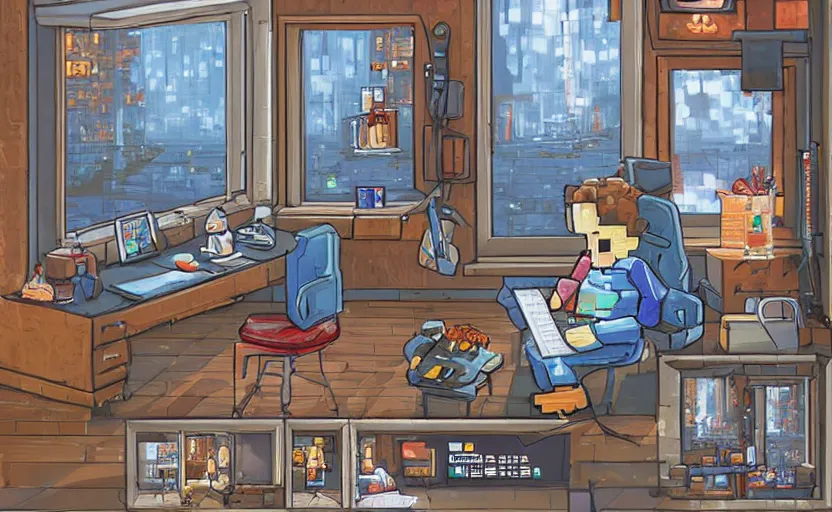 Prompt: Artstation Character sitting and relaxing in front of their work desk in their cozy room as a peaceful rainy city scene is seen through the room's window. Smooth Highly detailed masterpiece pixel-art. in the style of Close Highly detailed masterpiece professional artistry Sega, Namco, Neogeo, Capcom artist's Pixel-art. Trending on artstation. Slice-of-life genre art. Balanced colors and lighting scheme by James Gurney and artgerm. In the style of a 'Music to chill/study' to youtube video.