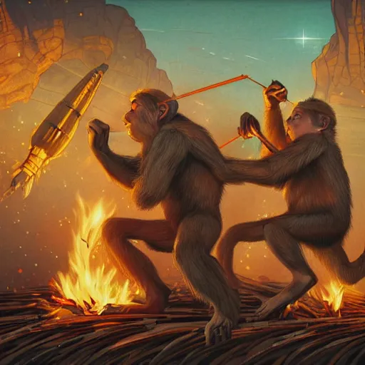 Image similar to [two monkeys throwing books in a bonfire, behind them space rockets are taking off. propaganda, closeup, D&D, intricate, elegant, highly detailed, digital painting, artstation, concept art, matte, sharp focus, illustration, art by Artgerm and Greg Rutkowski and Alphonse Mucha and Enki Bilal]